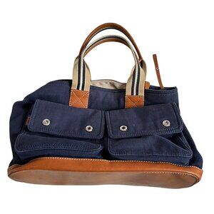 Pottery Barn Kids tote bag diaper navy blue canvas brown leather